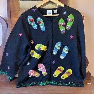 VTG EMMA TRICOT Crochet/Sequin/Beads "FlipFlops" Cardigan Sweater: LARGE
